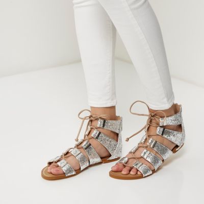 Silver glittery lace-up sandals